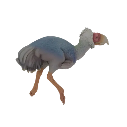 3D model of a Brontornis, a large prehistoric bird with blue and grey plumage, a large beak, and powerful legs, set against a