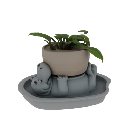 Modello 3D di un ippopotamo grigio sdraiato sulla schiena, che tiene un vaso beige con foglie verdi.