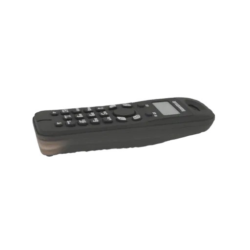 Modelo 3D de un teléfono inalámbrico negro con pantalla y teclado digitales, visto desde un ligero ángulo.