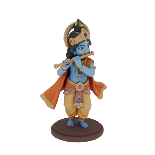 3D model of little Krishna with flute, in gold and orange robes, on stand, front view