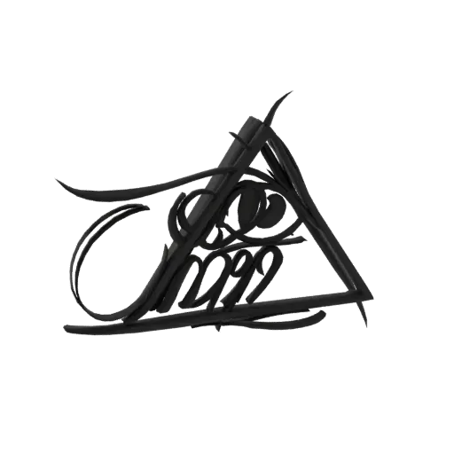 3D render of a dark, ornate triangle logo emblem with intricate swirling details within the frame, set against a black backgr