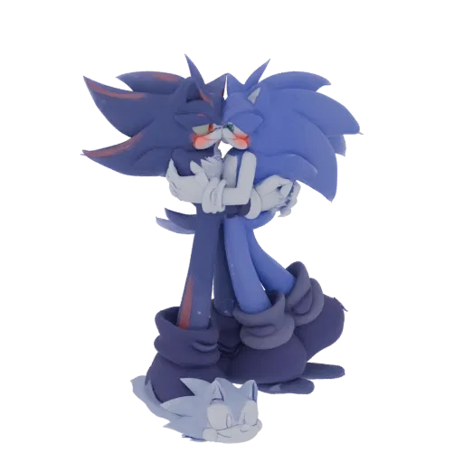 3D model of Sonic and Shadow kissing, with a small Sonic head at the base, rendered in blue and dark blue tones.