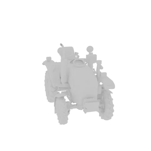 3D-Modell-Rendering eines weißen Landwirtschaftstraktors mit Frontlader, von hinten betrachtet.