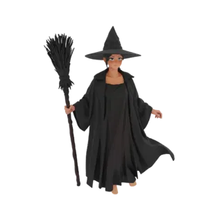 Modelo 3D de uma bruxa anime usando manto preto e chapéu pontudo, segurando uma vassoura, com fundo branco.