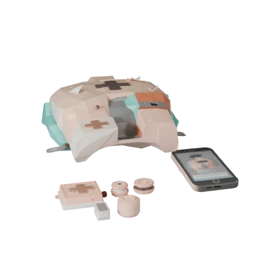 First Aid CPR Torso Trainer Low Poly 3D model, game viewport three-quarter view, showing neutral plastics, form detail.