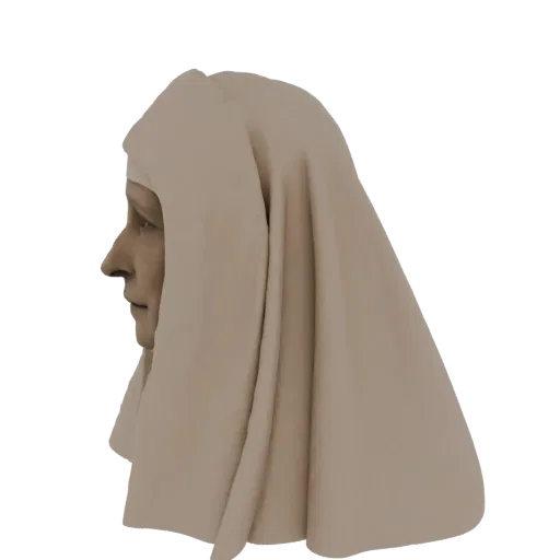 Side profile of a 3D model depicting a nun's head with a soft veil and a serene, contemplative expression.