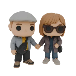 Modello 3D di una coppia che si tiene per mano, in stile Funko Pop, con l'uomo che indossa un berretto e la donna occhiali da