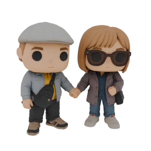 3D model of a couple holding hands, styled like Funko Pop figures, with the male wearing a cap and the female wearing sunglas