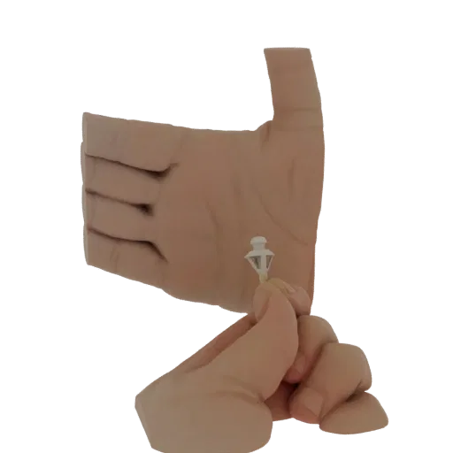 3D render of a realistic human hand holding a small white plastic fastener clip, with fingers gently gripping the item.