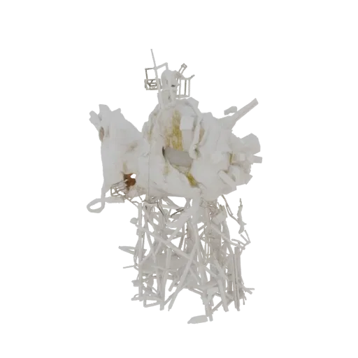 Rendu 3D d'une sculpture abstraite à la forme blanche déconstruite et superposée, soutenue par une base de tiges entrecroisée