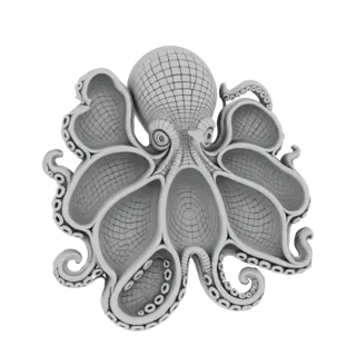 Modello 3D di un polpo grigio con i tentacoli che formano scaffali, su sfondo bianco.