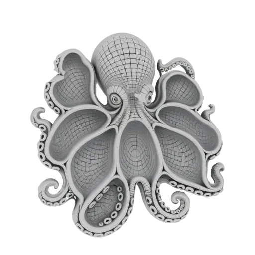 Modello 3D di un polpo grigio con i tentacoli che formano scaffali, su sfondo bianco.