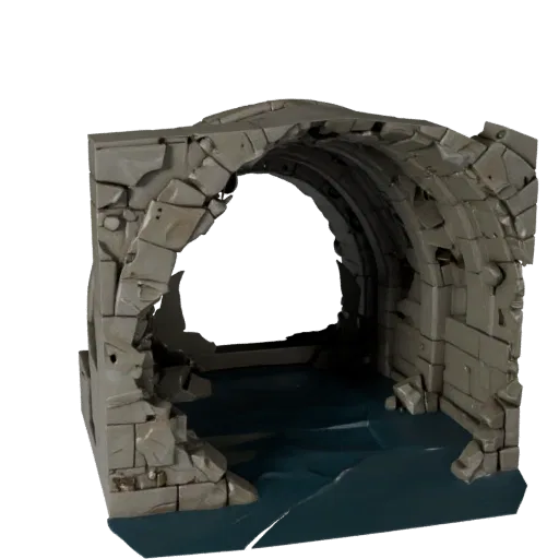 Flooded Ruin Interior Stylized 3D model, stylized isometric environment render, showing aged stone, built remnants.