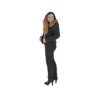 Modelo 3D de mujer con chaqueta acolchada negra con cuello de piel, pantalones negros y tacones altos, posando con confianza.