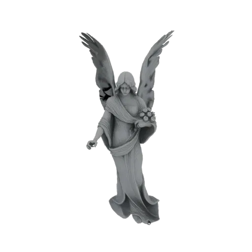 3D model of a serene angel with large wings, wearing flowing robes and holding a bouquet of flowers.