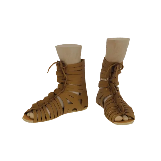 A 3D model of a pair of tan leather gladiator sandals, displayed on mannequins, with intricate straps and lace-up details.