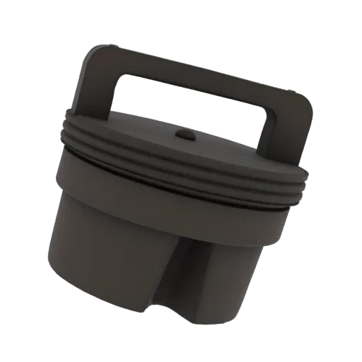 3D model of a dark gray industrial cap with a threaded rim and a carrying handle, shown against a white background.
