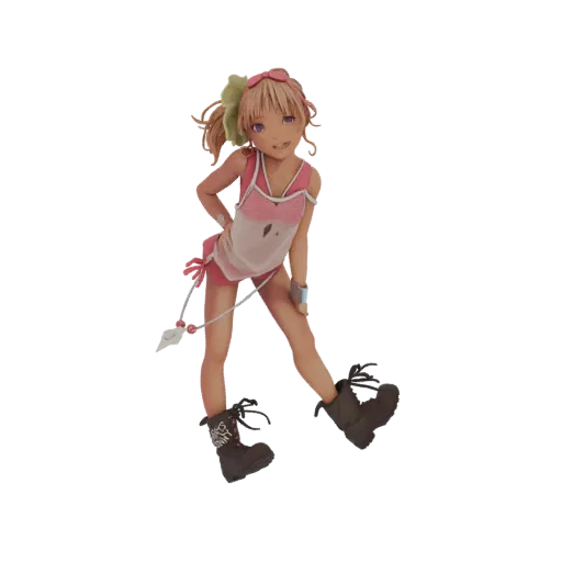 3D model of a young girl with blonde hair, wearing a pink swimsuit and dark boots, striking a playful pose with a cheerful ex