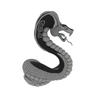 Un rendering 3D di una cobra stilizzata con un prominente emblema 'CC' sul cappuccio, arrotolata in una posa aggressiva su sf