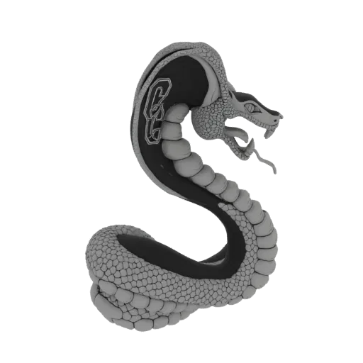 Un rendering 3D di una cobra stilizzata con un prominente emblema 'CC' sul cappuccio, arrotolata in una posa aggressiva su sf