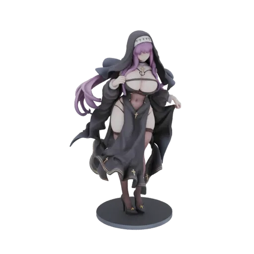 3D model of a gothic nun anime figure with flowing black robes and purple hair, standing on a display base.