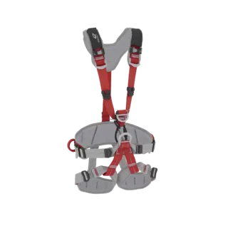 Modello 3D di un'imbracatura da arboricoltore grigia e rossa con cinghie regolabili e fibbie metalliche, presentato su sfondo