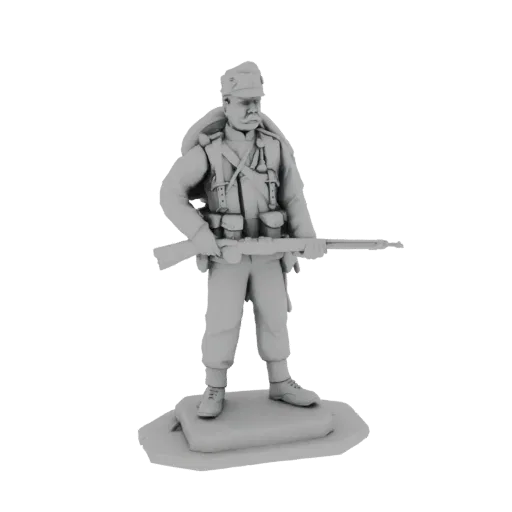 3D model render of a World War 1 soldier standing with a rifle, depicted in a neutral grey material.