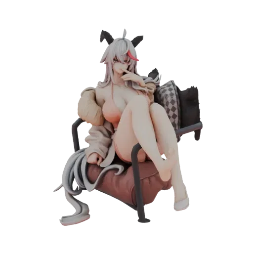 3D-Modell eines Anime-Mädchens mit weißen Haaren und roten Ohr-Akzenten, trägt Bikini und Jacke, sitzt auf einem Stuhl.
