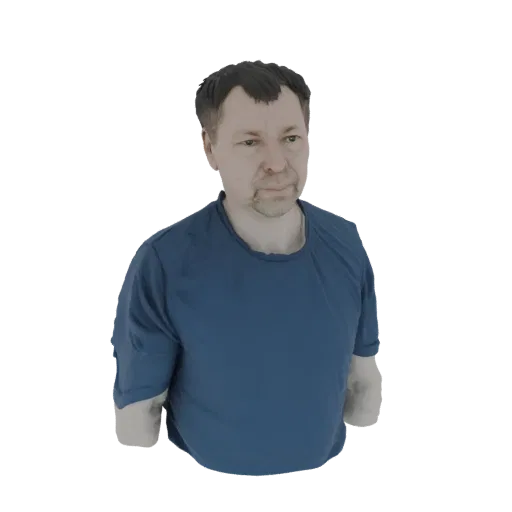 3D-Modell eines Mannes mit kurzen braunen Haaren in einem blauen T-Shirt, leicht nach rechts blickend.