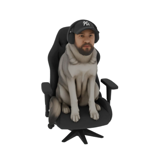 Husky Dog with Human Head and Headphones