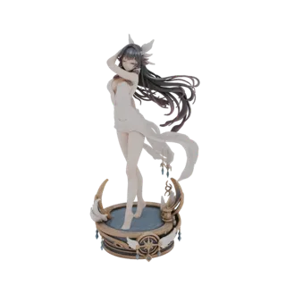 Modello 3D di un'elegante ninfa acquatica con lunghi capelli scuri e un fluente abito bianco, su una base lunare con dettagli
