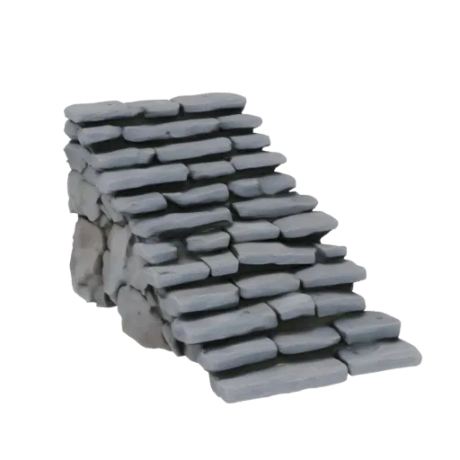 3D model of a rustic stone staircase with uneven steps and a rough-hewn stone base, rendered against a white background.