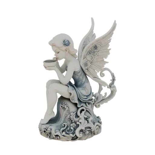 3D model of a white and blue fairy statue sitting on a decorative base, holding a small bowl to her face.