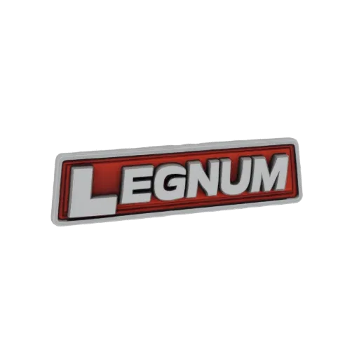 Modèle 3D emblème "LEGNUM" lettres argentées sur fond rouge, style plaque auto.