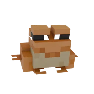 A 3D model of an orange frog in the blocky, pixelated style of Minecraft, shown from a slightly elevated side view.