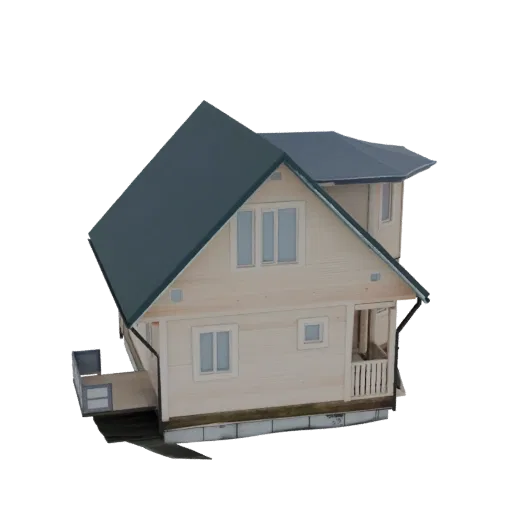 3D model of a modern two-story wooden house with a dark green roof and a side balcony, viewed from a slightly elevated angle.
