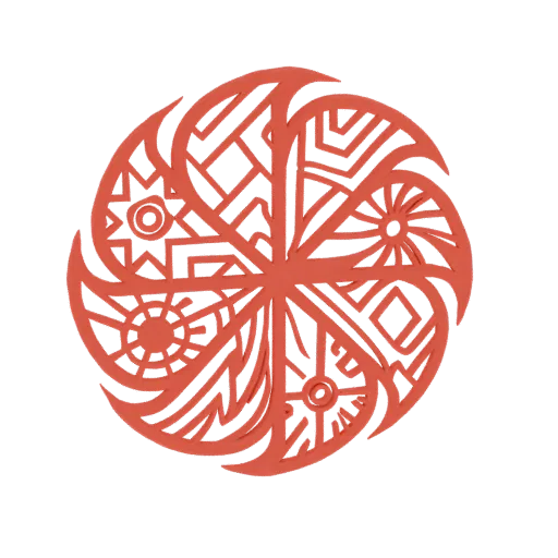 3D model of an abstract geometric mandala with intricate patterns and radial symmetry, rendered in a coral color.