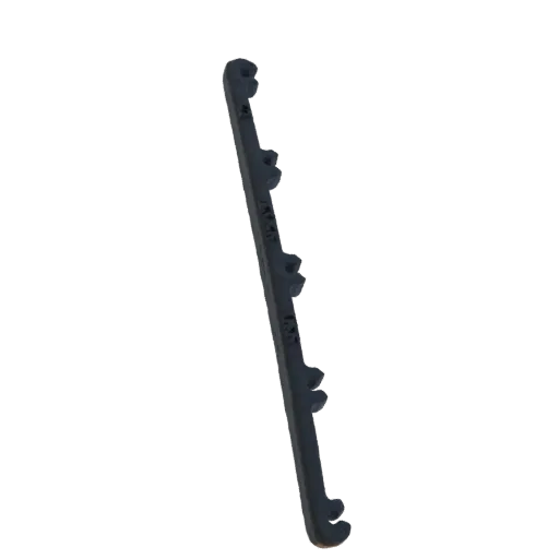 3D model render of a dark gray, elongated tool with a serrated edge and several distinct notches along its length.