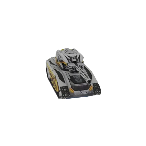 Modelo 3D de un tanque blindado futurista con esquema de color gris y dorado, con un cañón prominente y orugas detalladas.