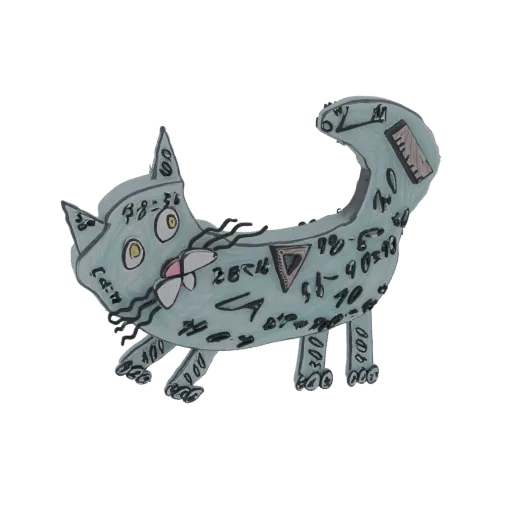3D-Modell einer hellblauen Katze, bedeckt mit handgeschriebenen mathematischen Gleichungen, Zahlen und geometrischen Formen.