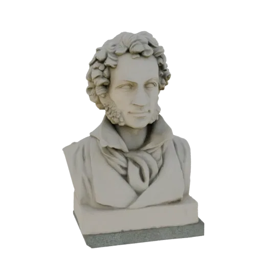 3D model bust of Alexander Pushkin, the famous Russian poet, with curly hair and a scarf.
