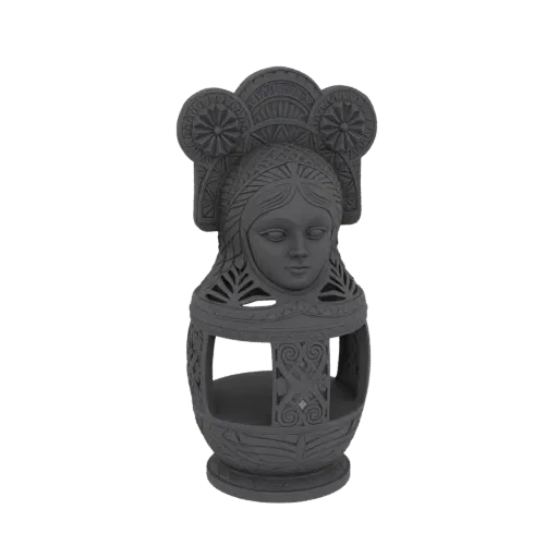 3D model of a gray Slavic woman's head designed as a lantern, featuring traditional headdress and intricate patterns.