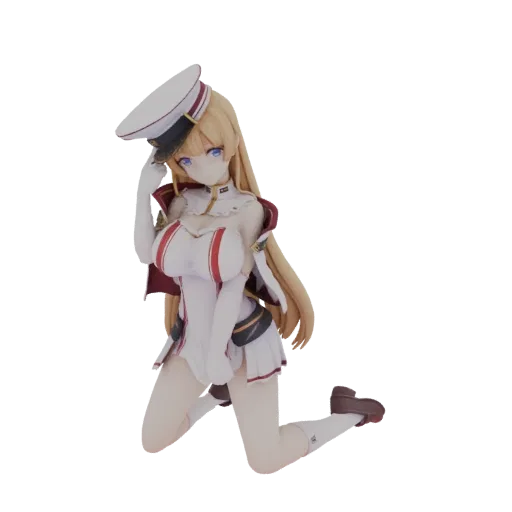 3D model of an anime girl in a white and red sailor uniform, kneeling with one hand near her hat, blonde hair, blue eyes, bla