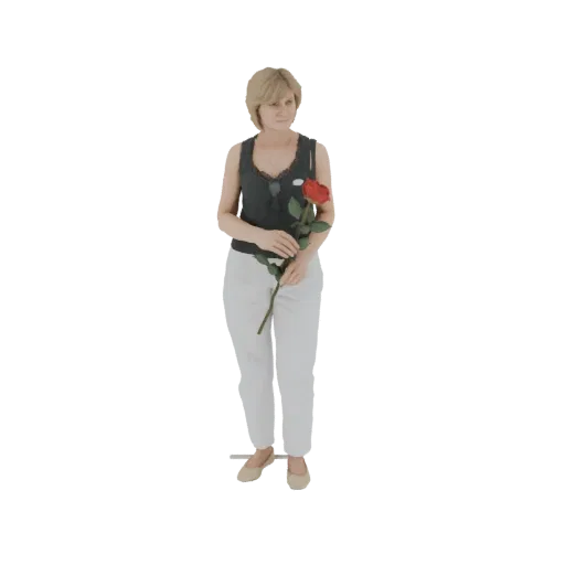 3D-Modell einer Frau mit blonden Haaren, dunklem Oberteil und weißer Hose, die eine rote Rose hält.