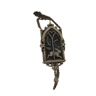 3D model of a gothic window pendant with a running rabbit and a cloaked figure, rendered in an antique metal finish.