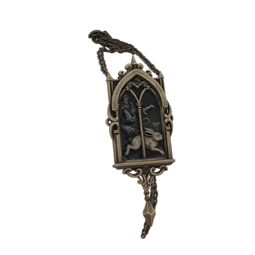 3D model of a gothic window pendant with a running rabbit and a cloaked figure, rendered in an antique metal finish.