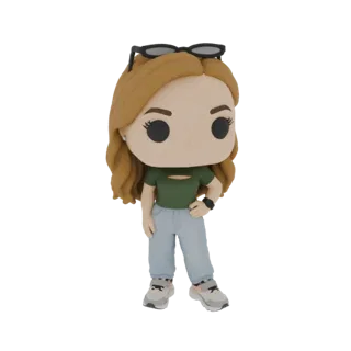 Modelo 3D de uma mulher com top verde, jeans azul e tênis, estilizado como um colecionável Funko Pop, com óculos de sol na ca