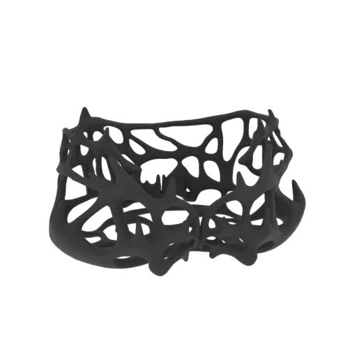 A 3D render of a black, abstract choker necklace with an intricate, organic, web-like design, set against a white background.