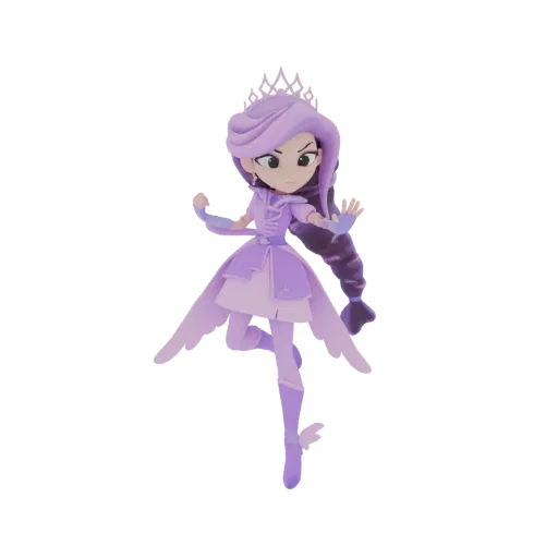 3D model of a stylized purple princess wearing a tiara and a flowing layered dress, striking a dynamic pose.