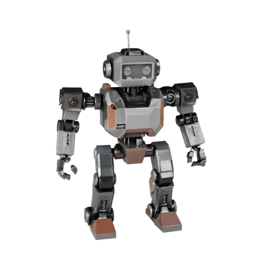 Service Style Robot Low Poly 3D model, game viewport three-quarter view, showing metal frames, robot form.